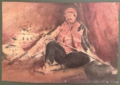 Acquerello impressionista francese raffigurante un pescatore a riposo in abito a righe rosse