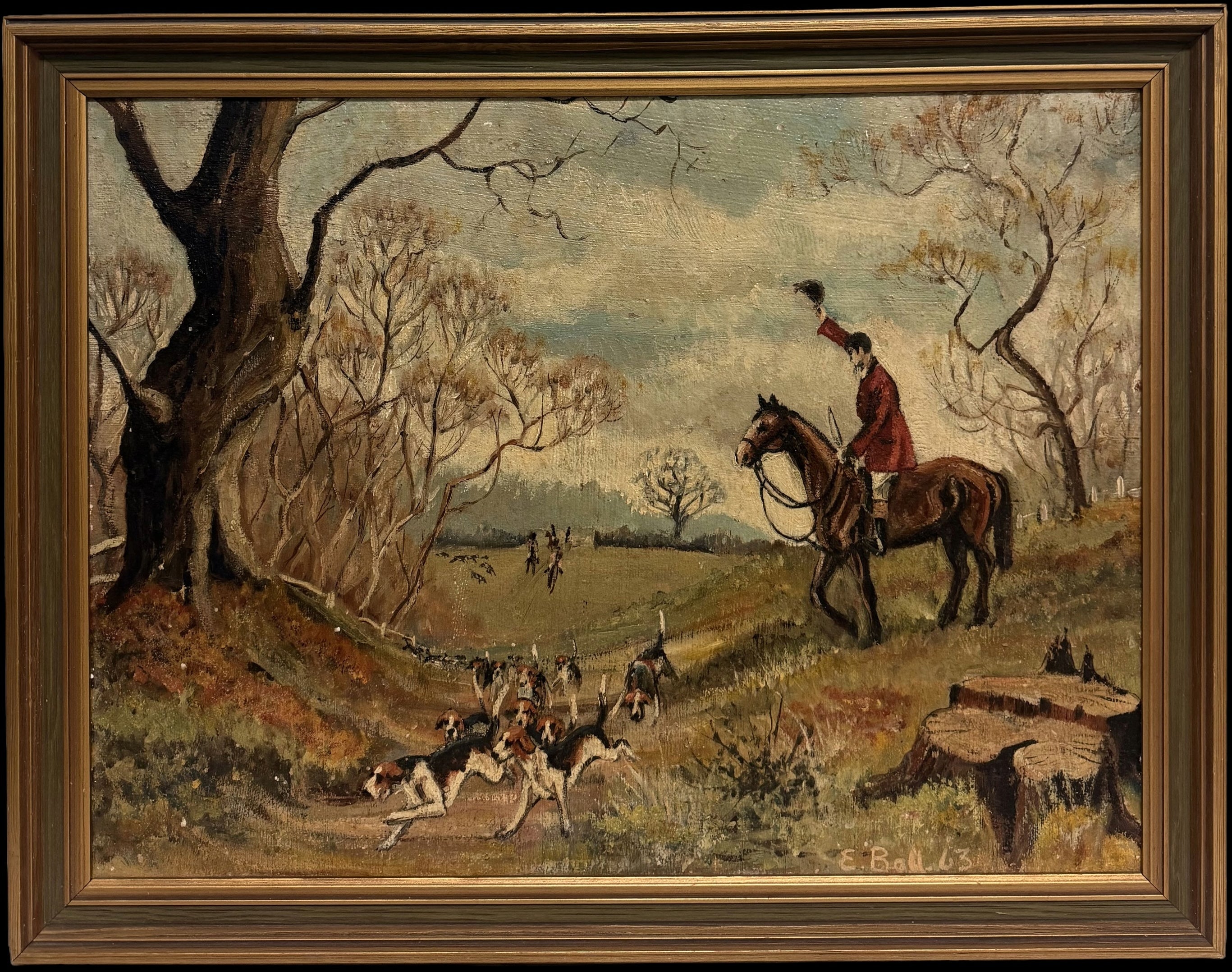 20th Century British Fox Hunting Scene with Huntsman, Hounds & Horseback Riders
