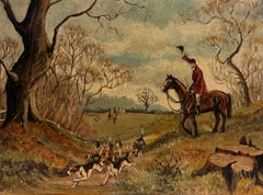 20th Century British Fox Hunting Scene with Huntsman, Hounds & Horseback Riders