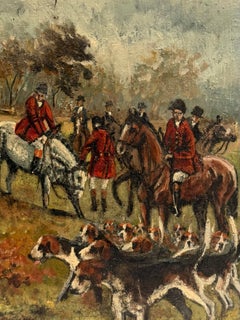 20th Century British Huntsmen & Hunt in Country Landscape Beneath an Ancient Oak