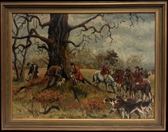 20th Century British Huntsmen & Hunt in Country Landscape Beneath an Ancient Oak