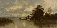 Wunderschöne deutsche Ölmalerei aus dem 19. Jahrhundert: Ländliche Landschaft am See – Vieh trinkt bei Sonnenuntergang