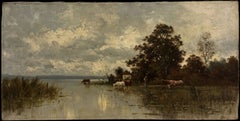 Wunderschöne deutsche Ölmalerei aus dem 19. Jahrhundert: Ländliche Landschaft am See – Vieh trinkt bei Sonnenuntergang