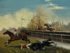 19th Century Continental Horse Racing Scene with Fallen Jockey Oil Painting