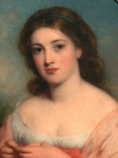 19th Century Portrait of Young Lady Holding Her Knitting in Pink Shawl, Oval Oil