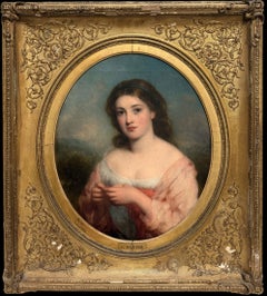 19th Century Portrait of Young Lady Holding Her Knitting in Pink Shawl, Oval Oil