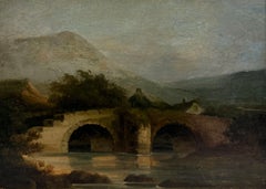 19th Century Moody Highland Stone Bridge Mountain Landscape Oil Painting
