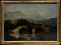 19th Century Moody Highland Stone Bridge Mountain Landscape Oil Painting