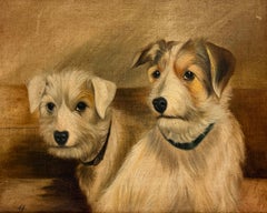 Early 20th Century British Portrait of Two Wire-Haired Terrier Dogs Oil Painting