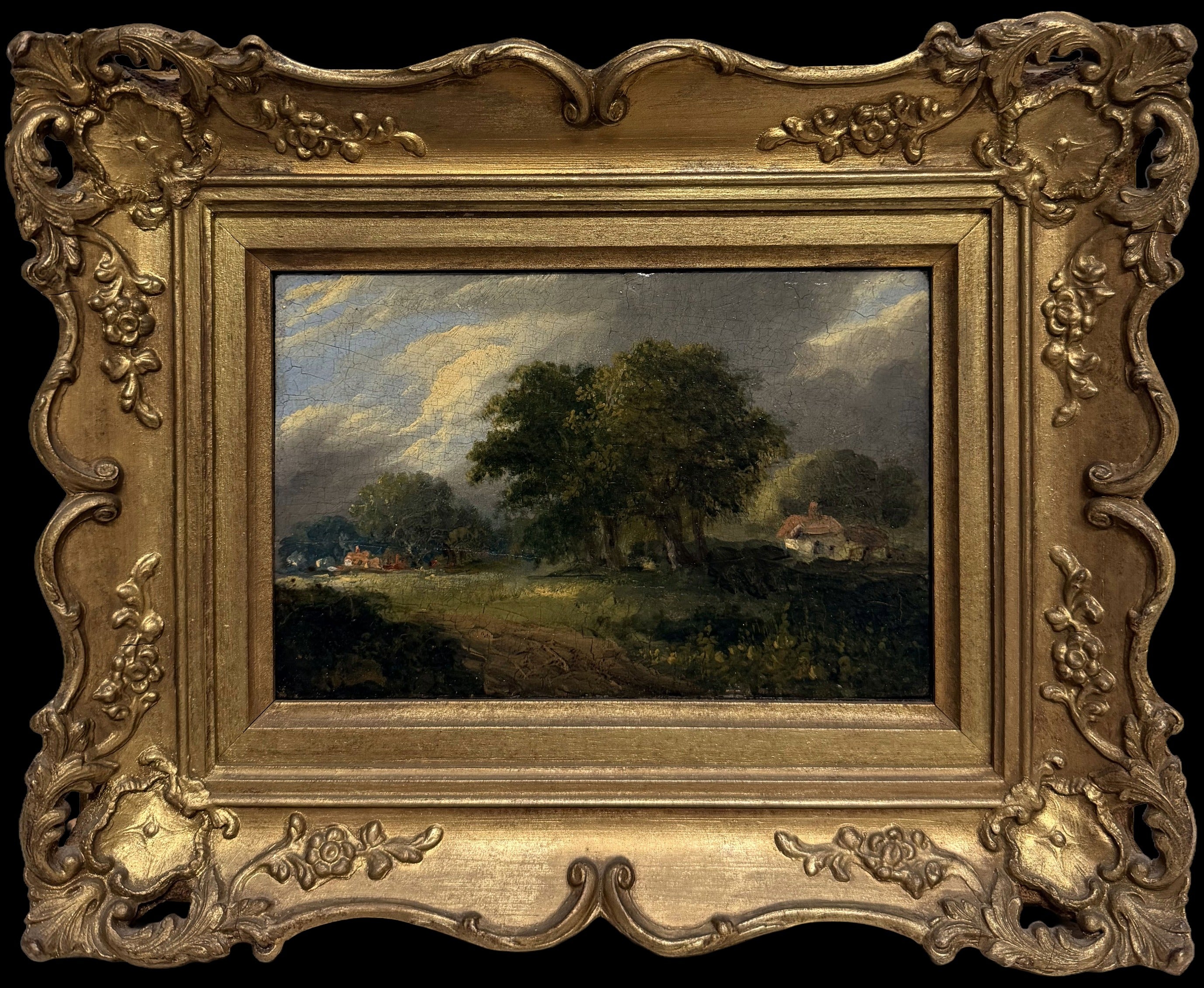 19th Century English Country Cottage Landscape in an Ornate Gilt Frame