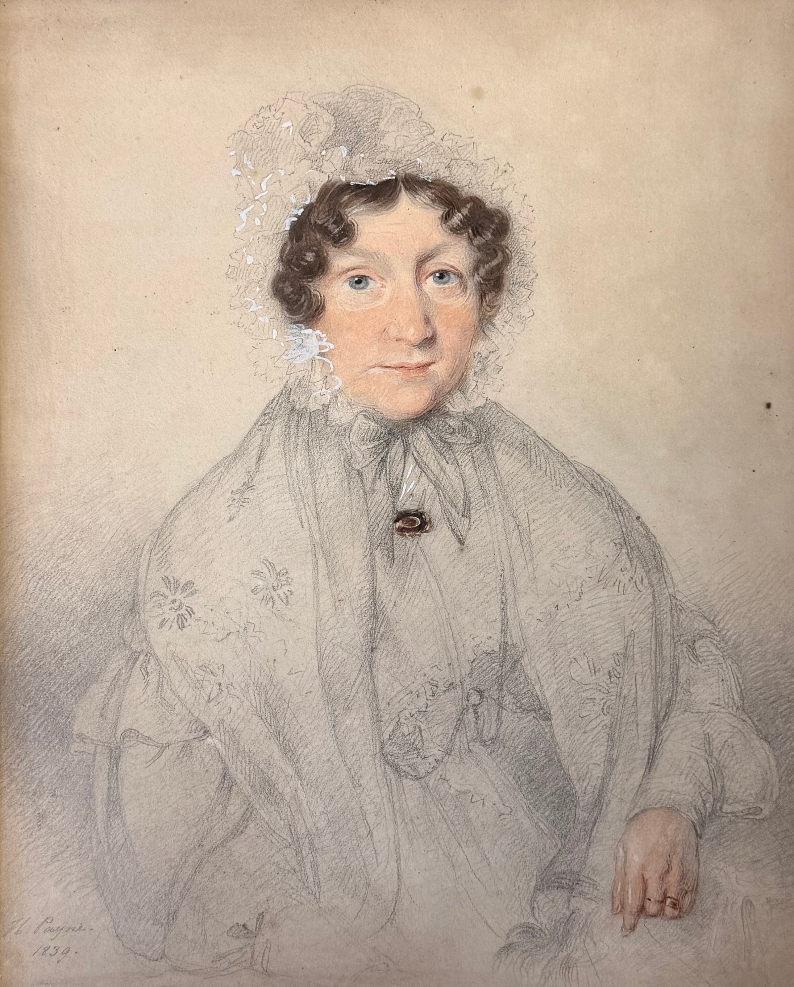 Early Victorian Original Portrait of Lady Wearing Lace Bonnet 1830's Watercolour