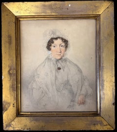 Early Victorian Original Portrait of Lady Wearing Lace Bonnet 1830's Watercolour