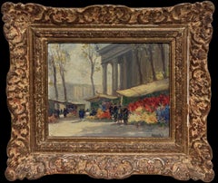 Fine French Impressionist Oil Paris Flower Market at La Madeleine Oil Painting