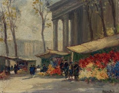 Fine French Impressionist Oil Paris Flower Market at La Madeleine Oil Painting