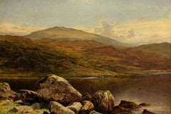 Fine Antique Oil Painting Scottish Mountain Landscape Loch with Cattle Watering