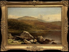 Fine Antique Oil Painting Scottish Mountain Landscape Loch with Cattle Watering