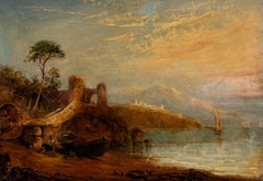 Antique Continental Coastal Harbor Fishermen & Ruined Tower 19th Century Oil