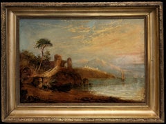 Antique Continental Coastal Harbor Fishermen & Ruined Tower 19th Century Oil