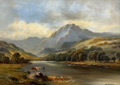 Antique Oil Scottish Highland River Landscape with Cattle Beneath Mountain Peaks