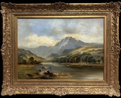 Antique Oil Scottish Highland River Landscape with Cattle Beneath Mountain Peaks