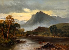 Antique Oil Scottish Highland River Landscape with Cattle Beneath Stormy Peaks