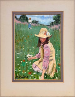20th Century Impressionist Girl Gathering Wildflowers in a Summer Meadow