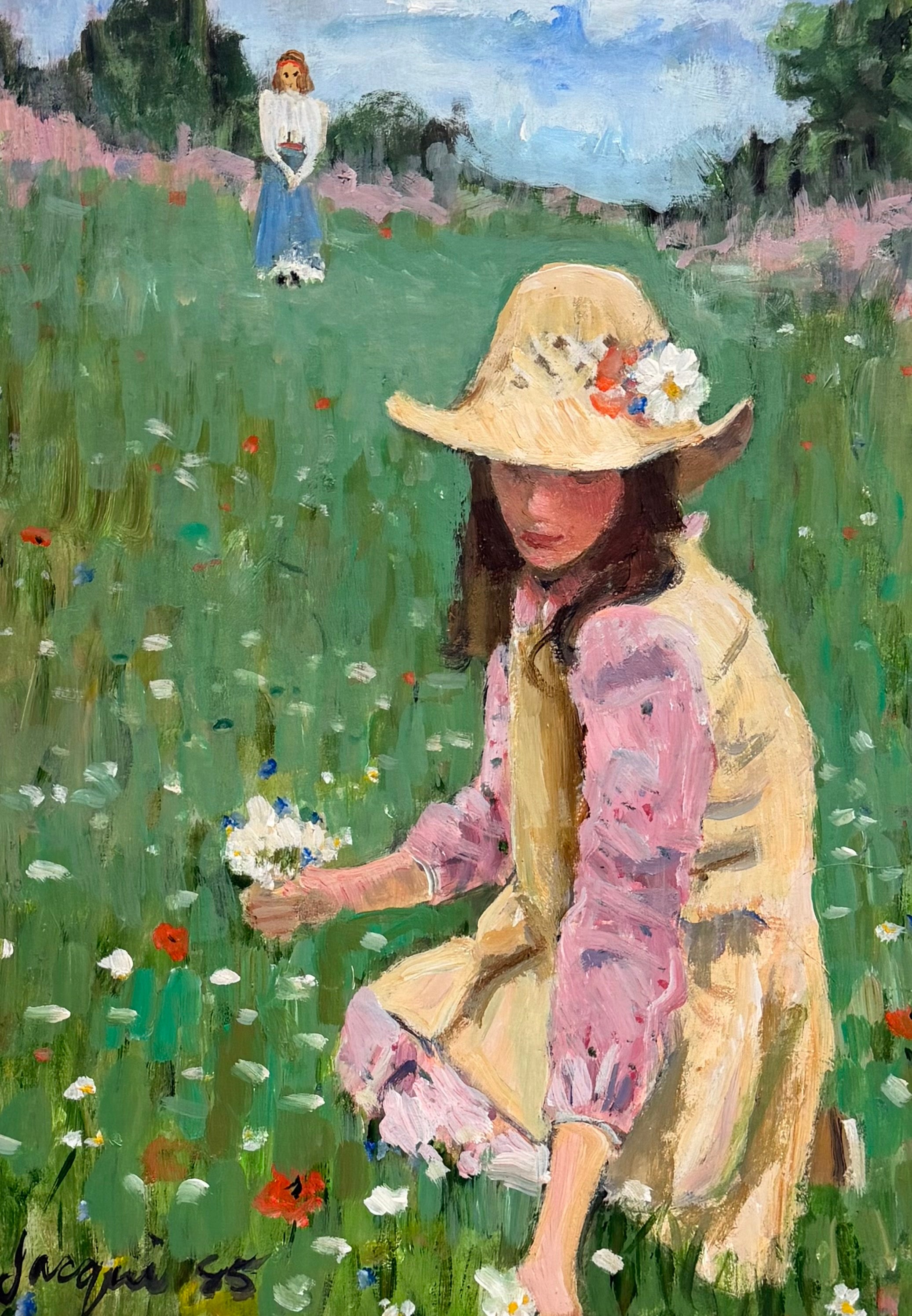 French School Landscape Painting - 20th Century Impressionist Girl Gathering Wildflowers in a Summer Meadow