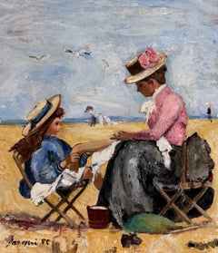 20th Century Mother & Daughter Seated on Sunny Beach Impressionist Scene