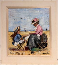 20th Century Mother & Daughter Seated on Sunny Beach Impressionist Scene