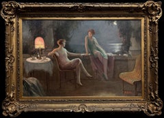 Art Deco Elegant Ladies Taking Tea by Moonlight on Coastal Terrace French Oil
