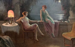 Art Deco Elegant Ladies Taking Tea by Moonlight on Coastal Terrace French Oil
