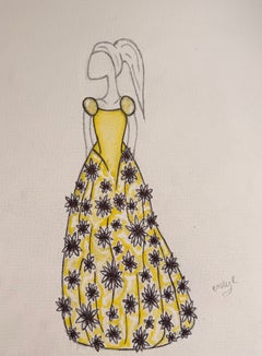 Original Fashion Design Illustration of a Black & Yellow Floral Evening Gown