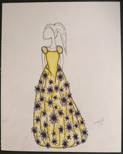 Original Fashion Design Illustration of a Black & Yellow Floral Evening Gown