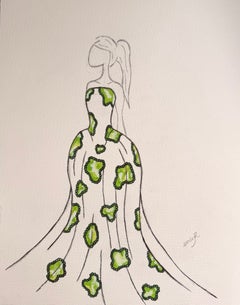Original Fashion Design Illustration of a Green Embellished Evening Ball Gown