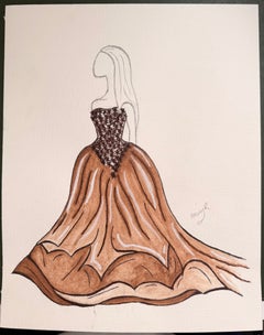 Original Fashion Design Illustration of a Brown Detailed Evening Ball Gown