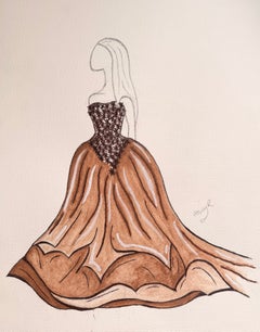 Original Fashion Design Illustration of a Brown Detailed Evening Ball Gown