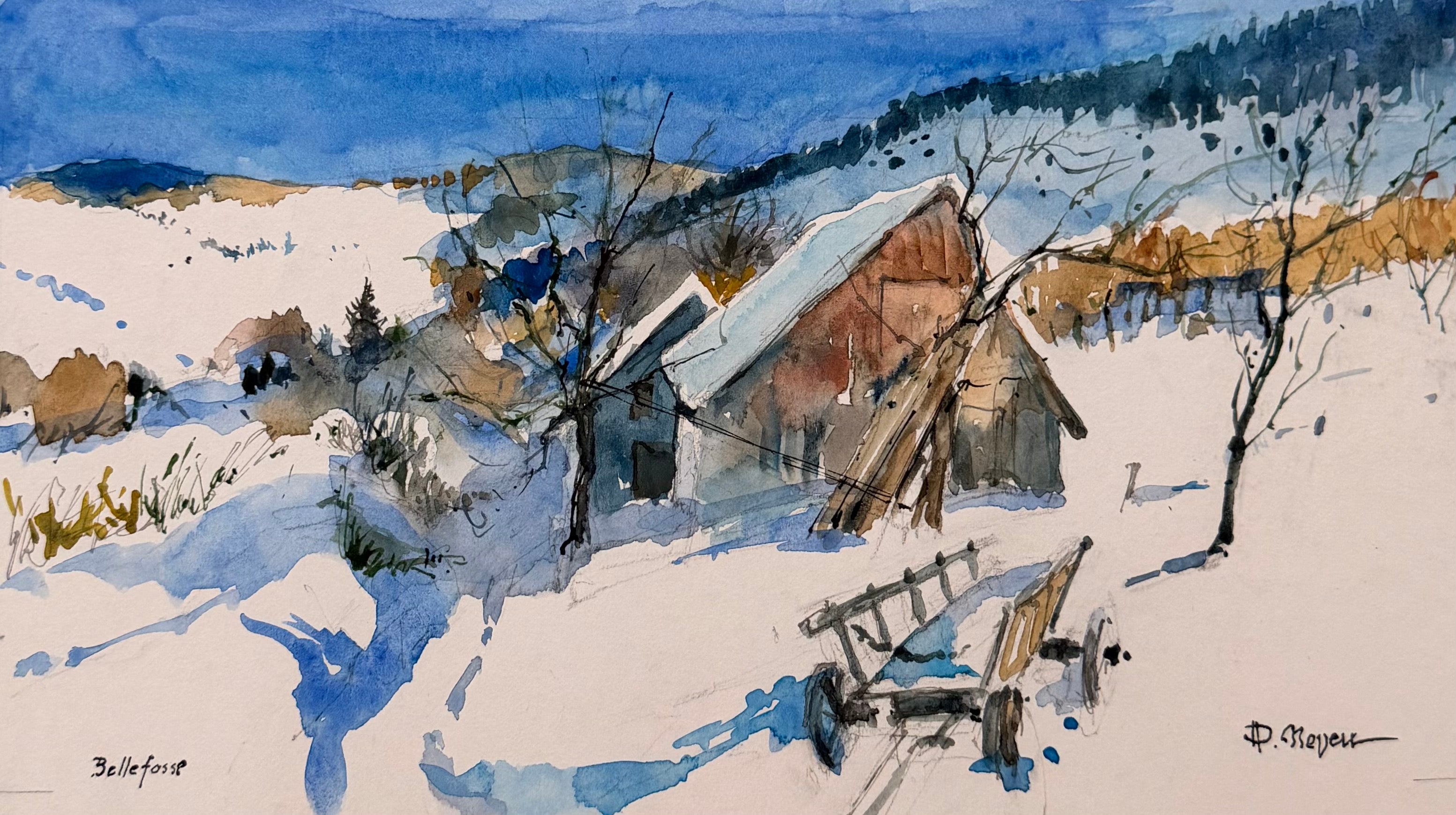 Winter Chalet in the Snow at Bellefosse French Mountain Watercolour Landscape