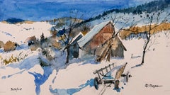 Chalet d'hiver dans la neige à Bellefosse : paysage de montagne français peint à l'aquarelle