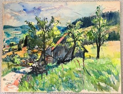 Französische Scheune im ländlichen Stil in einer grünen Sommerlandschaft in Aquarell in Bellefosse