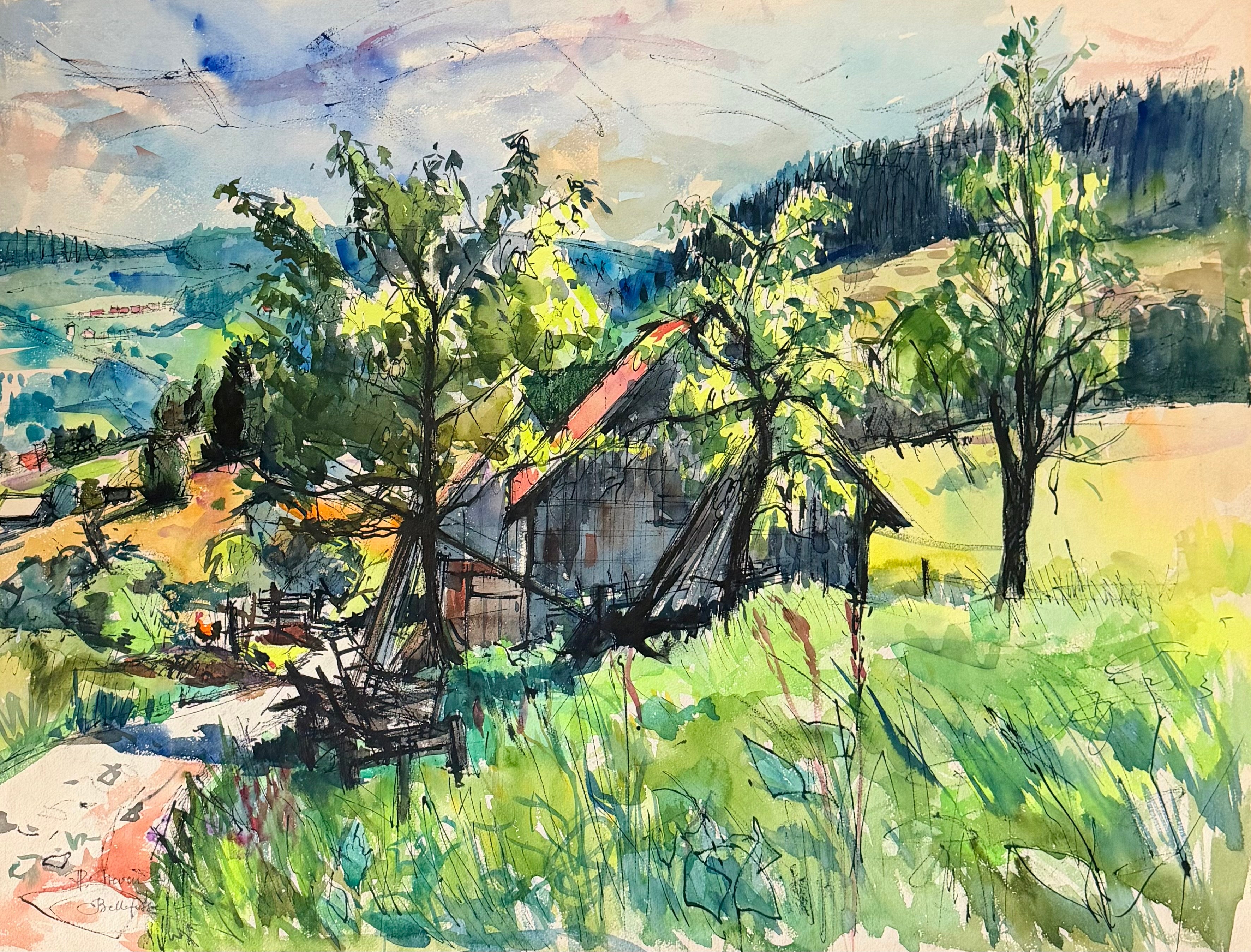 Granero rústico francés en un paisaje veraniego pintado en acuarela en Bellefosse