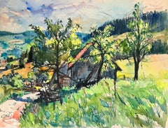 Französische Scheune im ländlichen Stil in einer grünen Sommerlandschaft in Aquarell in Bellefosse