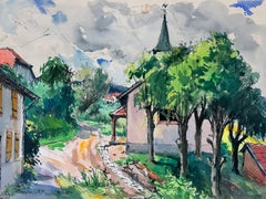 Vialetto di paese con guglia della chiesa e tetti rossi a Bellefosse, Francia – Acquerello