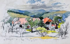 Casas de campo con tejados rojos entre las colinas onduladas de Bellefosse. Boceto en acuarela