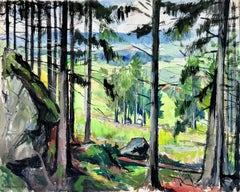 Vue à travers les pins sur les collines verdoyantes de Bellefosse – Peinture à la gouache