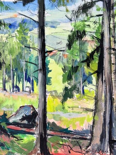 Vue à travers les pins sur les collines verdoyantes de Bellefosse – Peinture à la gouache
