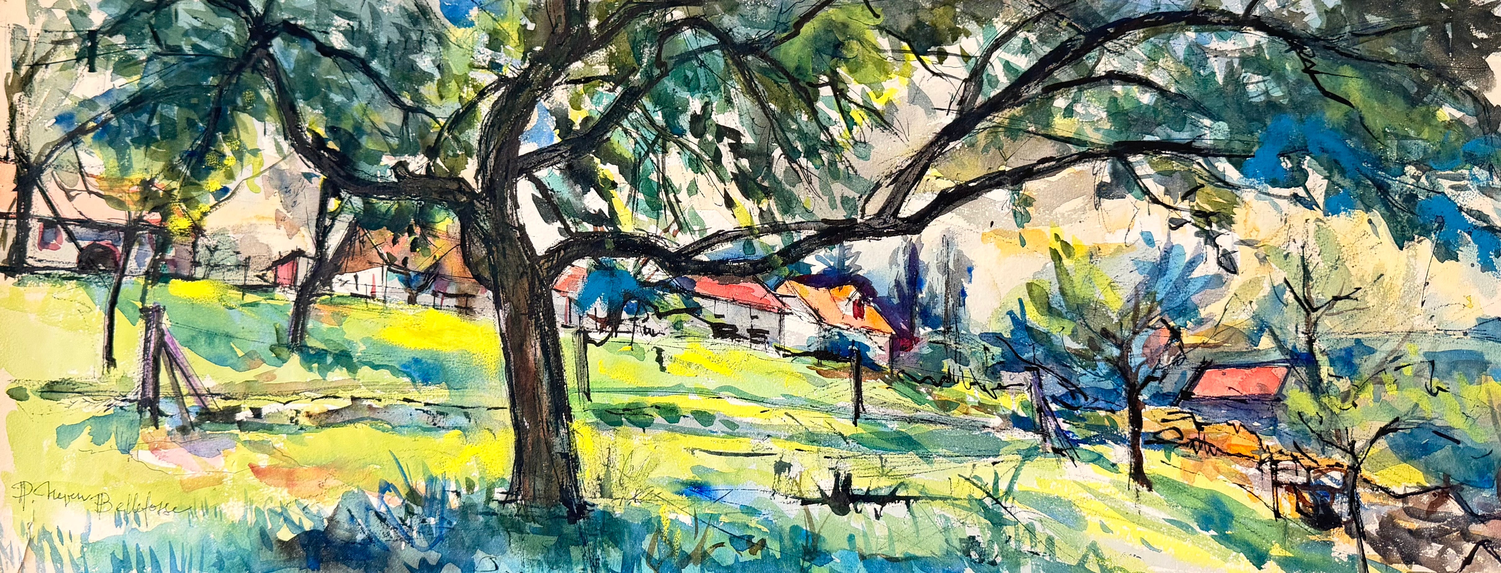 Aquarell „Sonnenbeschienener Obstgarten mit Bauernhäusern mit roten Dächern in Bellefosse“