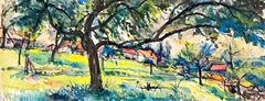 Sunlit Orchard with Red Roof Farmhouses at Bellefosse Watercolour Painting