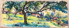 Sunlit Orchard with Red Roof Farmhouses at Bellefosse Watercolour Painting