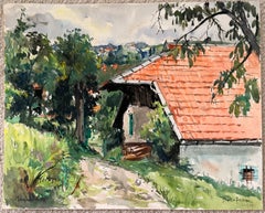 Aquarelle française représentant un paysage : ferme aux toits rouges et jardin à Bellefosse