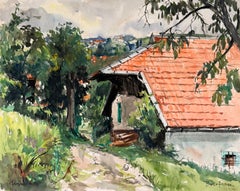 Aquarelle française représentant un paysage : ferme aux toits rouges et jardin à Bellefosse